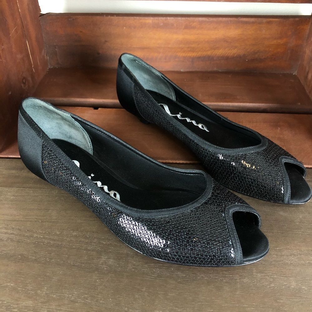 Nina Black Sequined Open Toe Kitten Heels